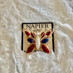 Napier Butterfly Gold Brooch with Red and Blue Accents